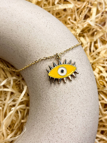 Yellow Spikey Evil Eye Enamel Golden Necklace & Earrings