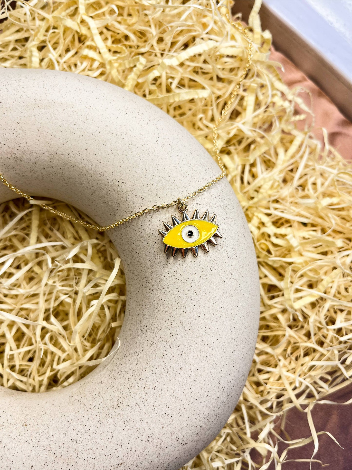 Yellow Spikey Evil Eye Enamel Golden Necklace & Earrings