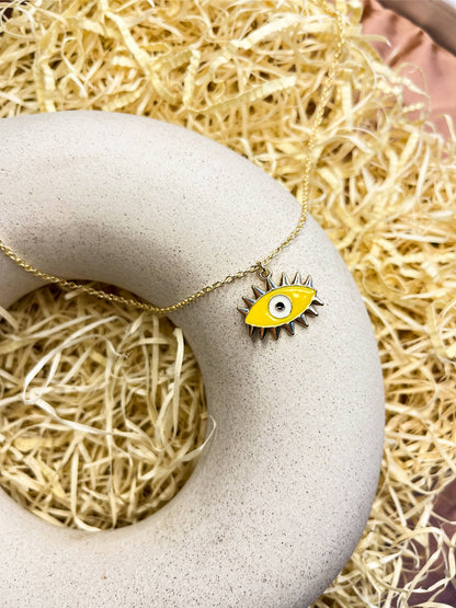 Yellow Spikey Evil Eye Enamel Golden Necklace & Earrings