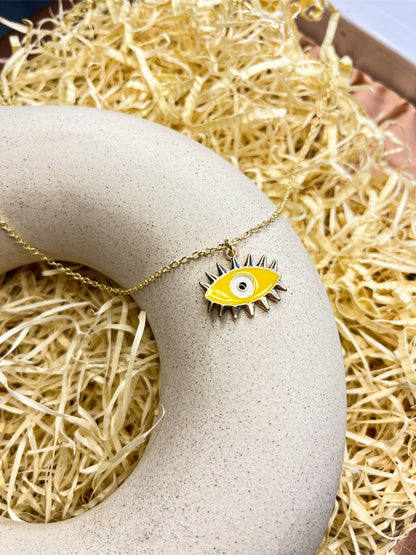 Yellow Spikey Evil Eye Enamel Golden Necklace & Earrings