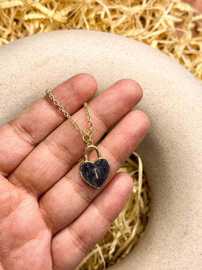 Locked Marble Heart Enamel Golden Necklace & Earrings