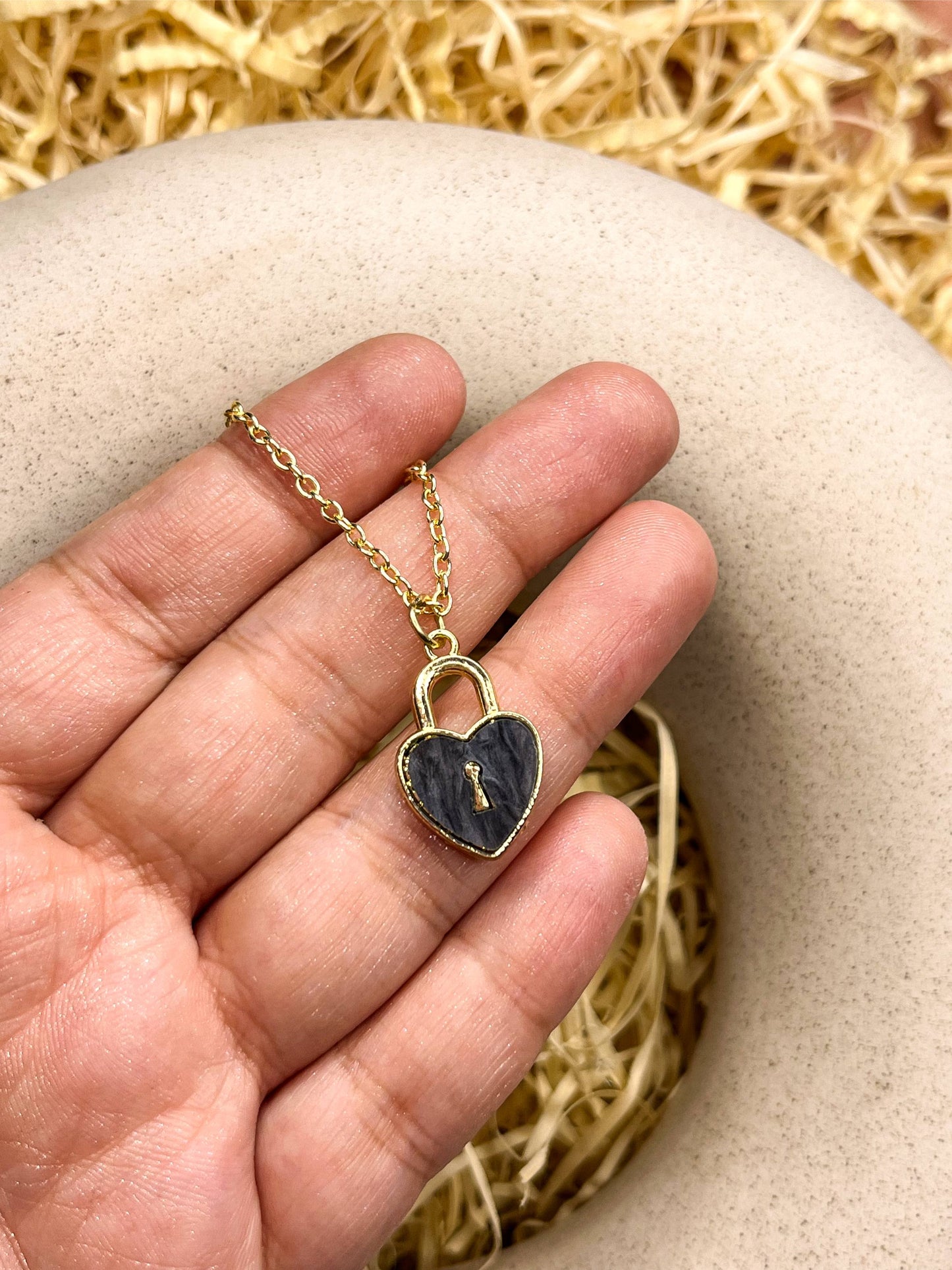 Locked Marble Heart Enamel Golden Necklace & Earrings