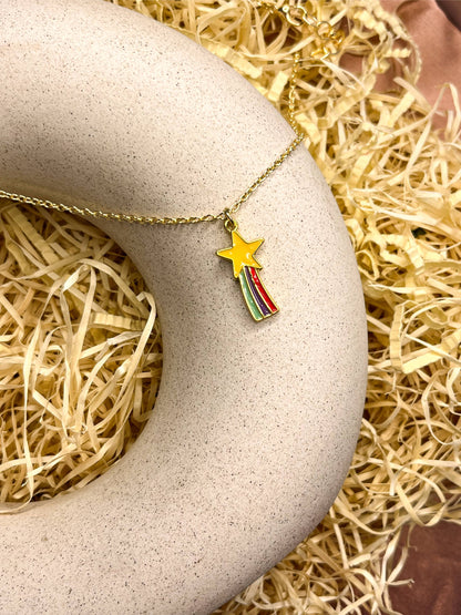 Shooting Rainbow Star Enamel Golden Necklace & Earrings