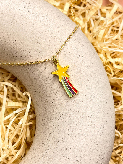 Shooting Rainbow Star Enamel Golden Necklace & Earrings