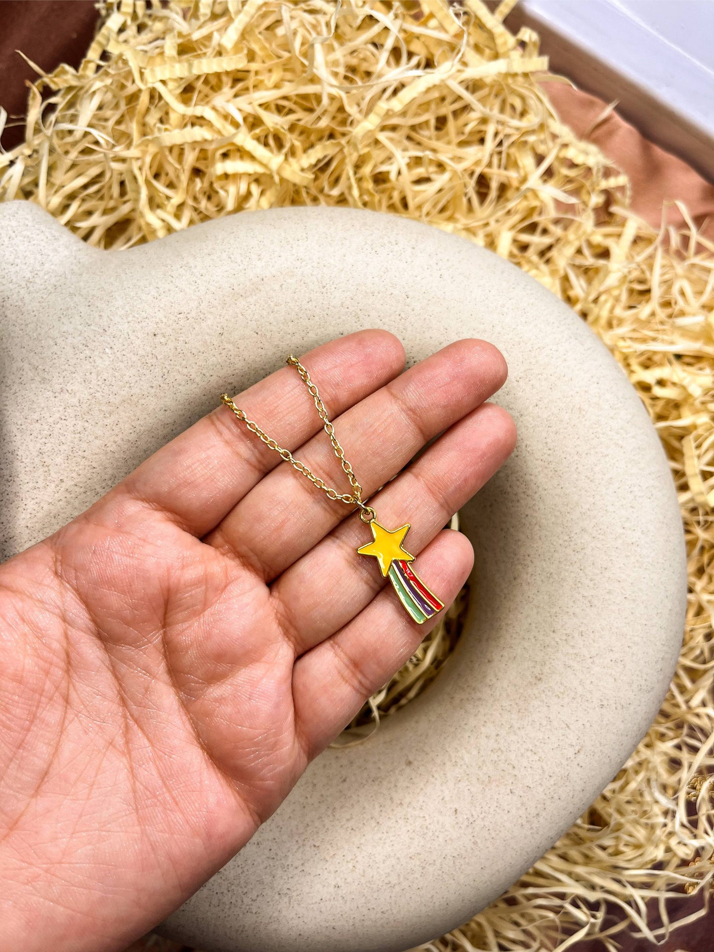 Shooting Rainbow Star Enamel Golden Necklace & Earrings