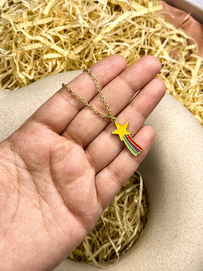 Shooting Rainbow Star Enamel Golden Necklace & Earrings