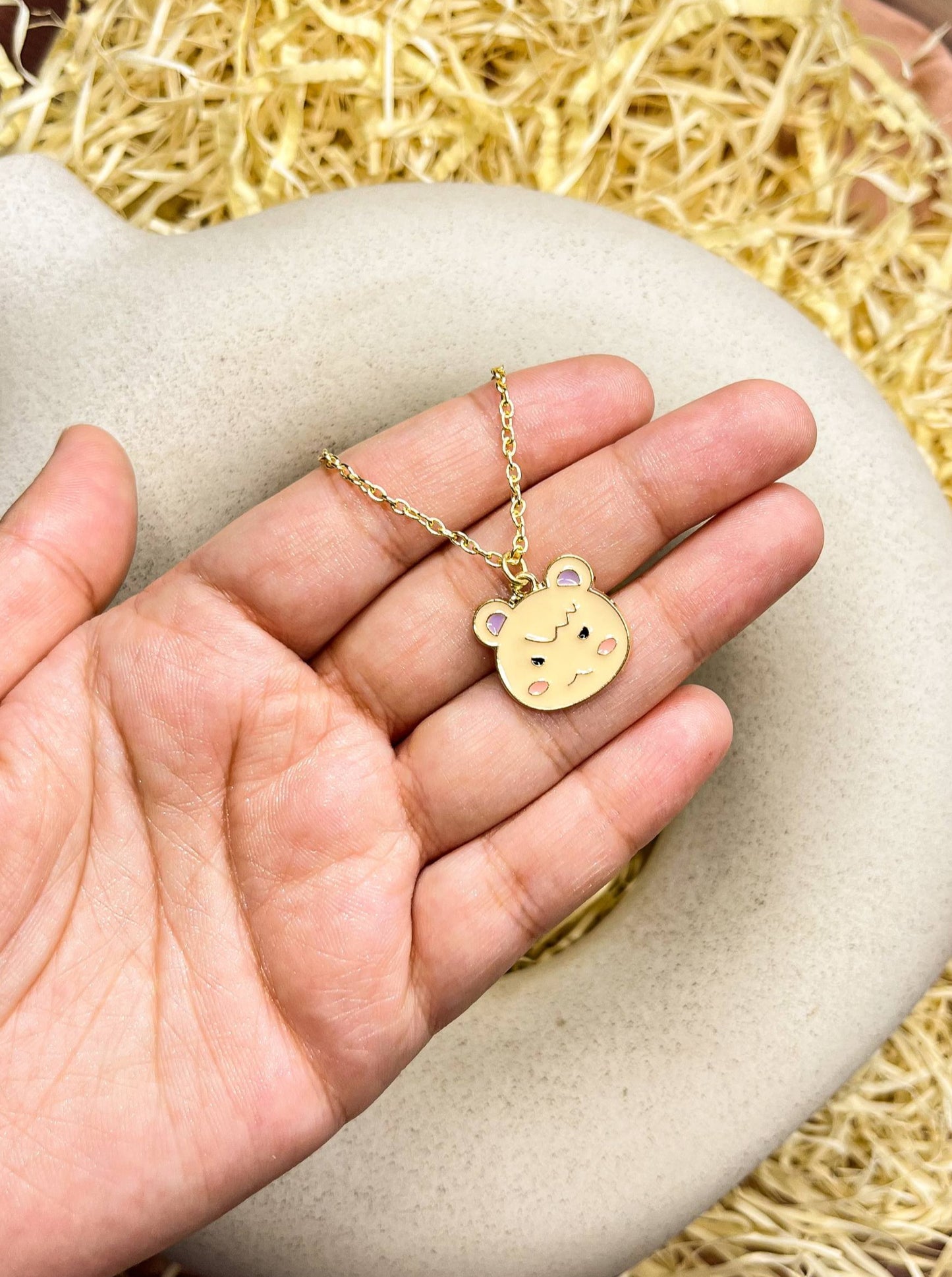 Pink Angry Piglet Enamel Golden Necklace & Earrings