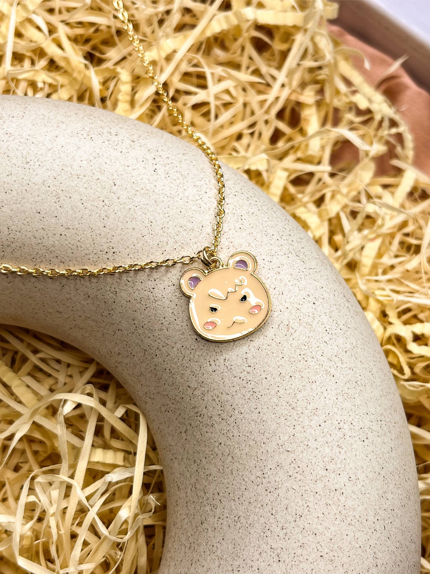 Pink Angry Piglet Enamel Golden Necklace & Earrings