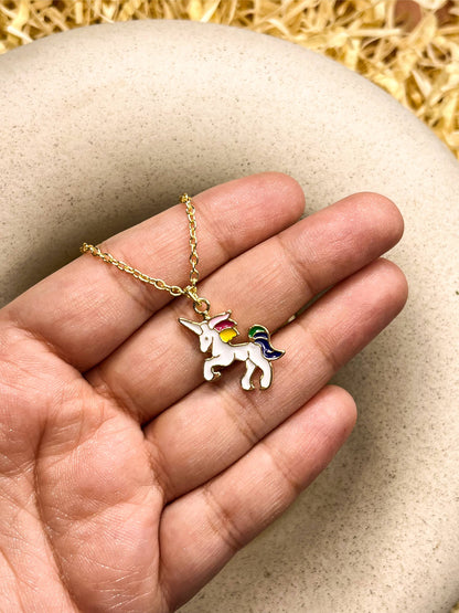 White Rainbow Unicorn Enamel Golden Necklace & Earrings