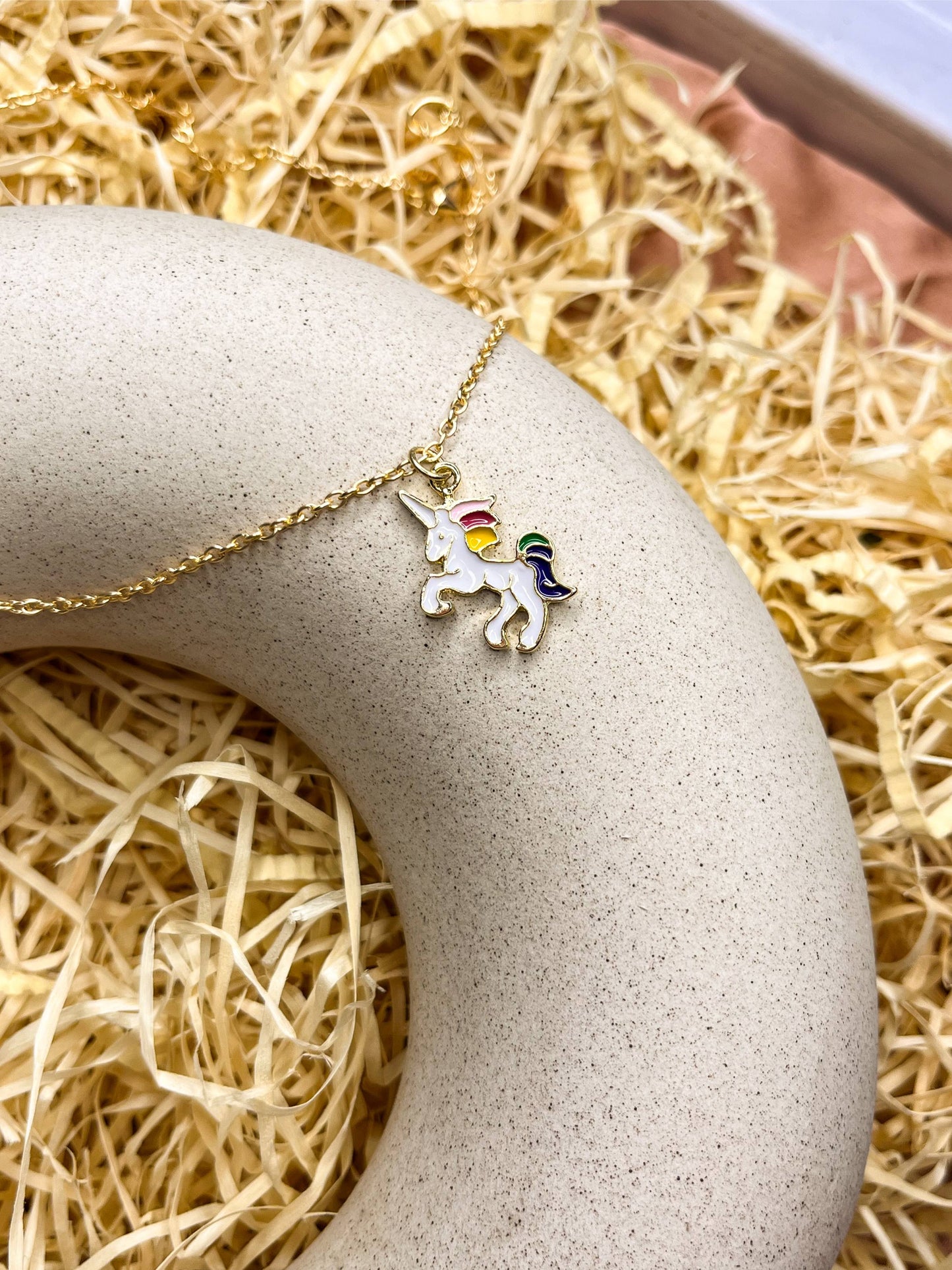 White Rainbow Unicorn Enamel Golden Necklace & Earrings