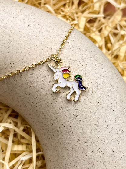 White Rainbow Unicorn Enamel Golden Necklace & Earrings