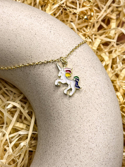 White Rainbow Unicorn Enamel Golden Necklace & Earrings