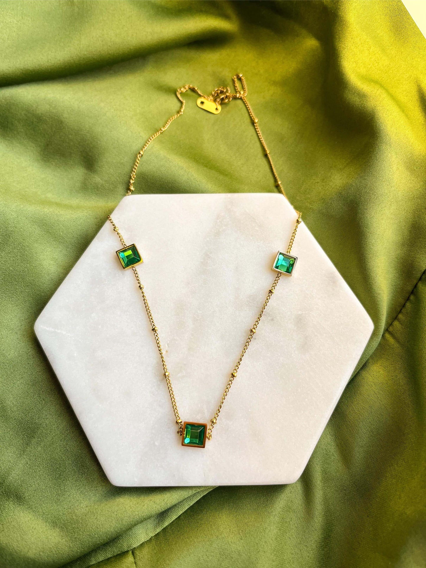 Three Emerald Snake Chain Gold Necklace