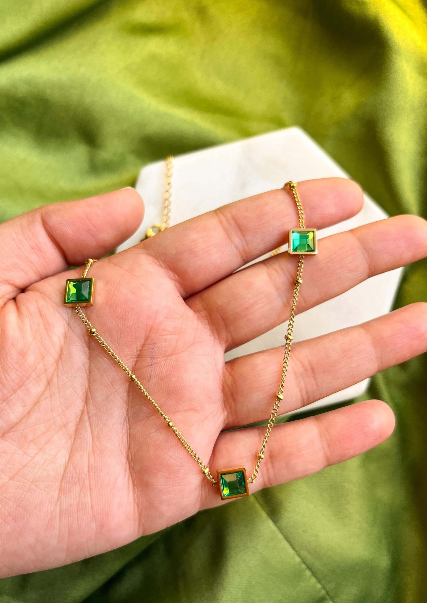 Three Emerald Snake Chain Gold Necklace