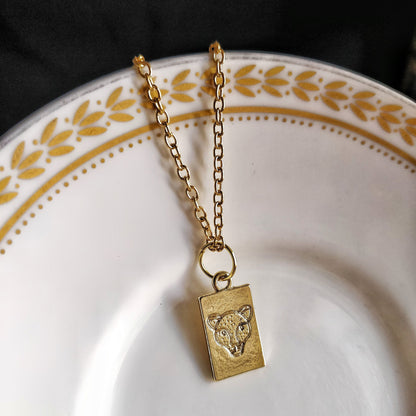 Gold Leopard Rectangle Charm Necklace