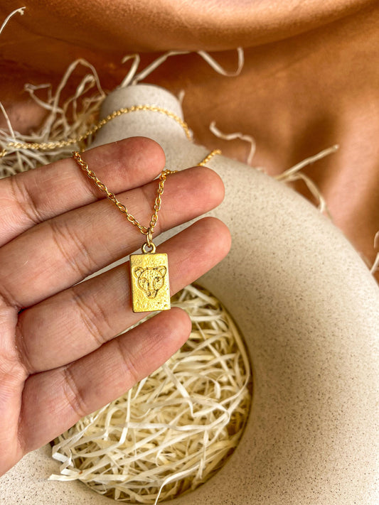 Gold Leopard Rectangle Charm Necklace