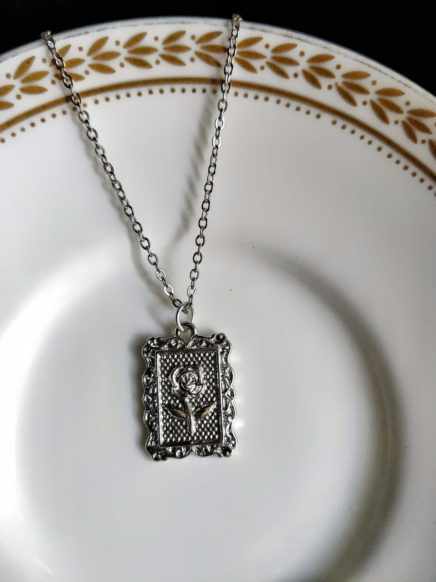 Silver Rectangular Rose Engraved Necklace: Iron Chain
