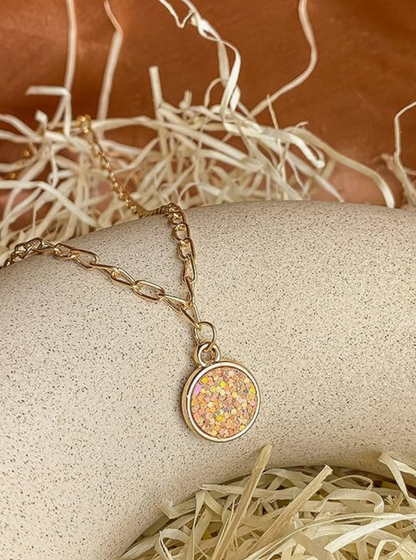 Peach Glittering Coin Charm Pendant Necklace