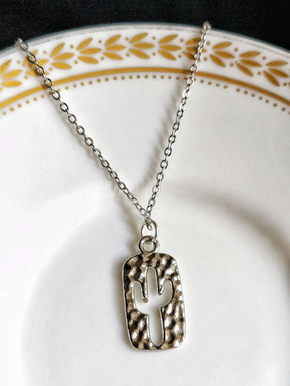 Double Sided Hammered Cactus Outlined Silver Pendant With Chain