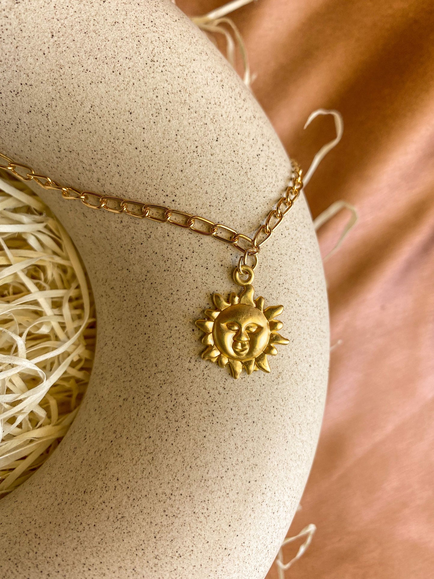Matte Gold Sun Face Shaped Thick Chain Necklace