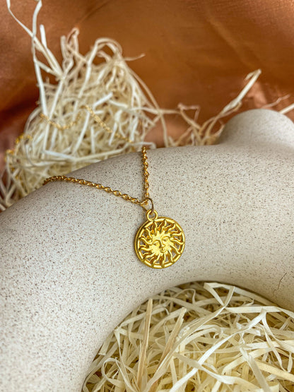 Sun With Rays Gold Coin Necklace