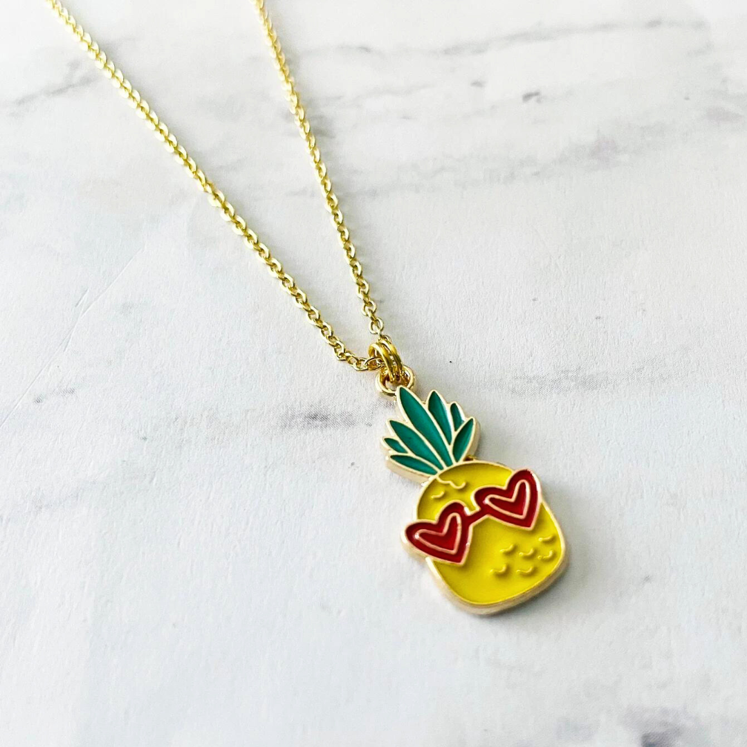 Cool Pineapple With Heart Glasses Enamel Pendant Necklace