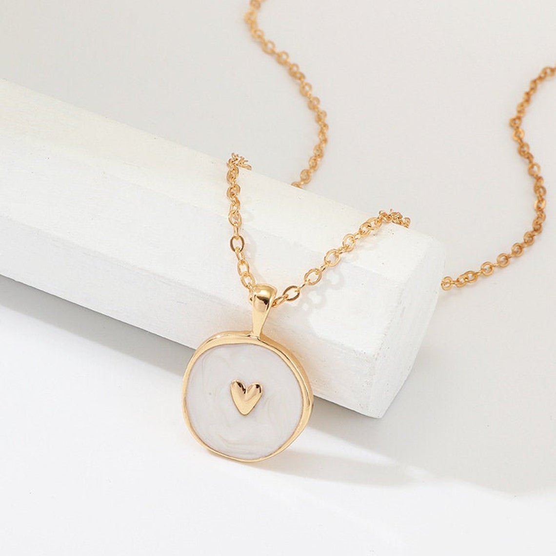 White Heart Round Enamel Charm Necklace