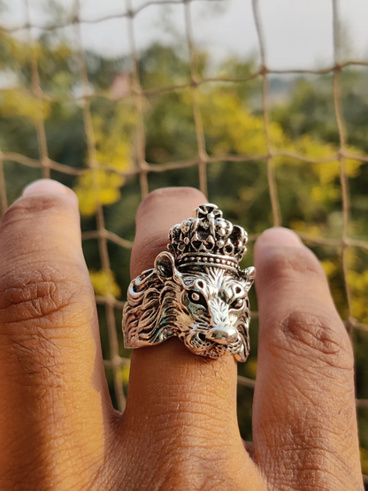 Crowned Lion Silver Oxidized Ring | Waterproof | Stainless Steel