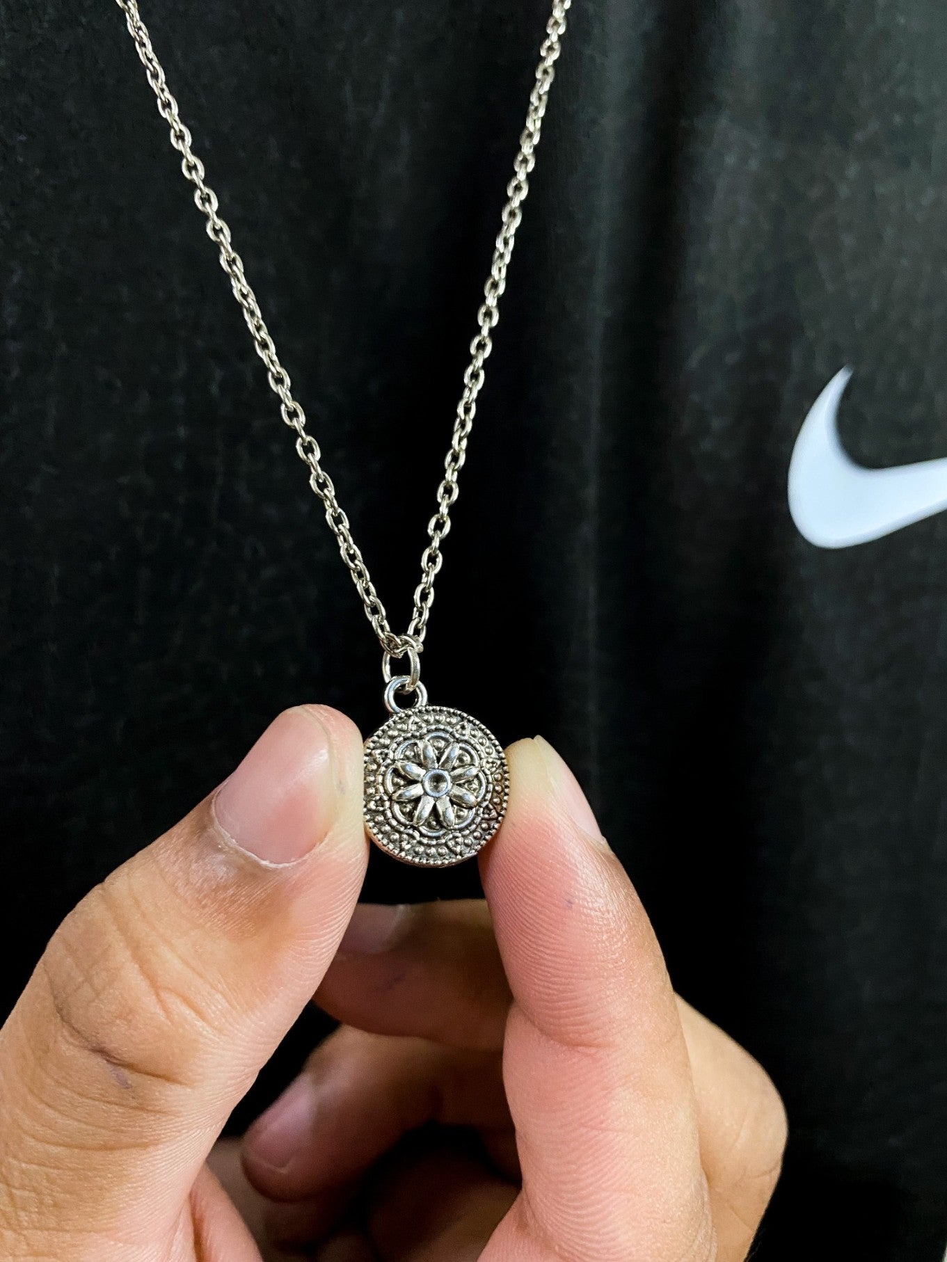3D Silver Flower Coin Pendant With Chain