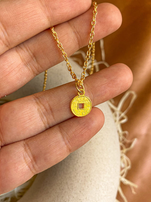 Dainty Golden Chinese Coin Necklace For Good Luck