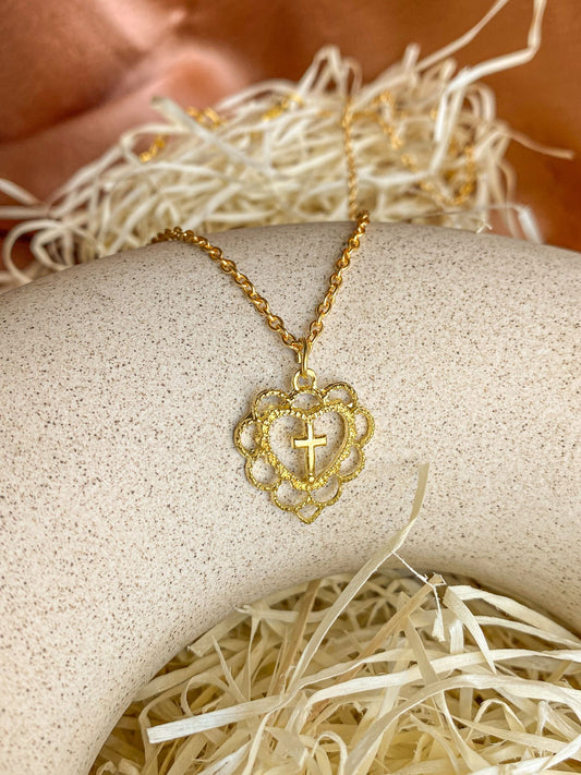 Heart Cross Lace Light Golden Necklace