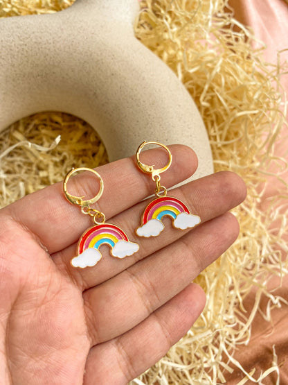 Enamel Rainbow On Clouds Charm Golden Hoop Earrings