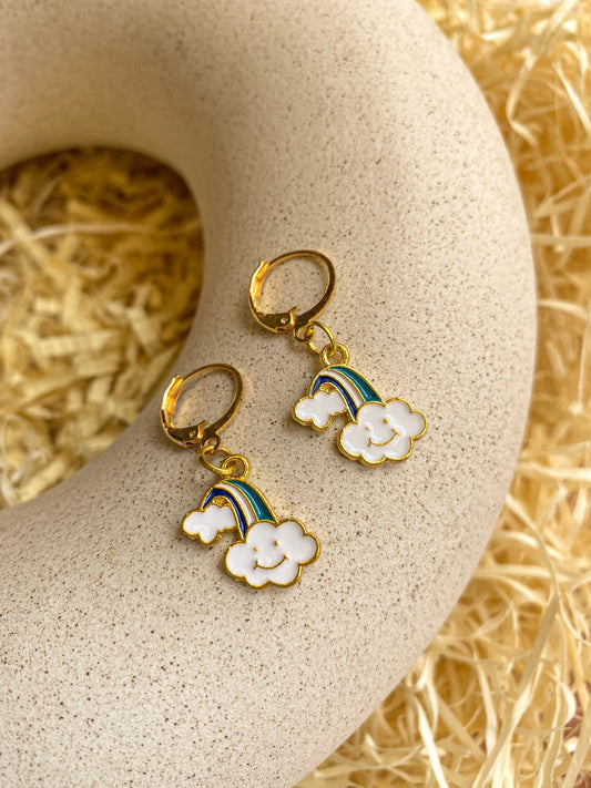 Smiley Cloud Rainbow Enamel Charm Golden Hoop Earrings