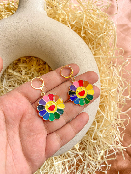 Glossy Enamel Rainbow Happy Flower Hoop Earrings