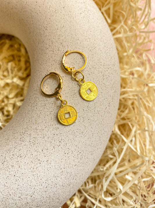Chinese Coin Charm Golden Hoop Earrings For Good Luck