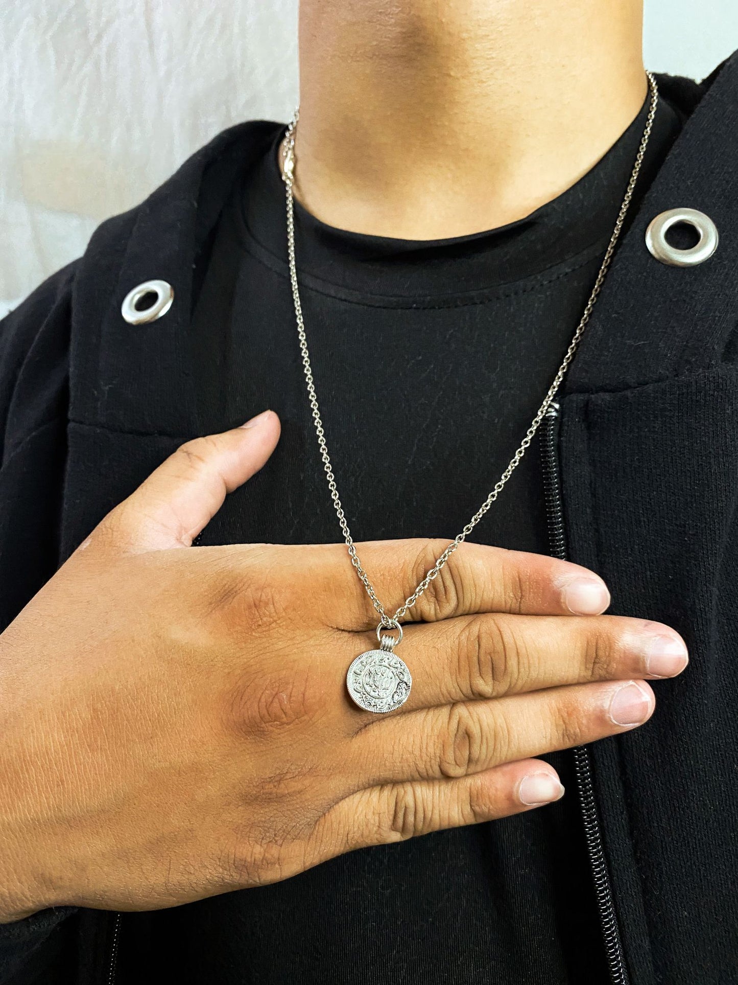 Old Engraved Silver Double-Sided Small Coin Pendant With Chain