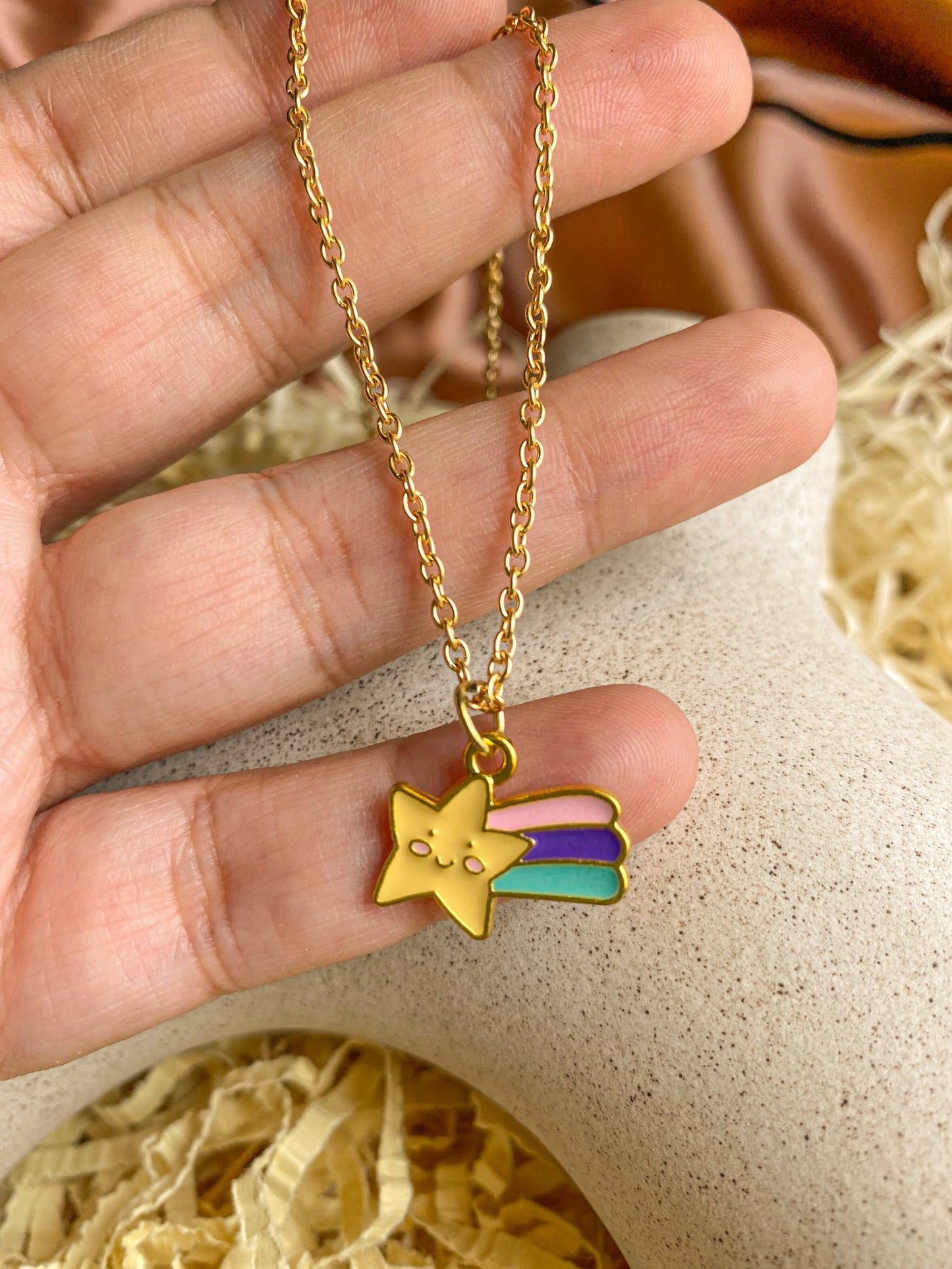 Shooting Star With A Rainbow Enamel Charm Necklace