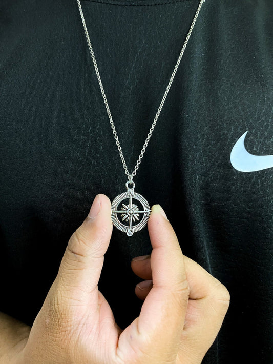 Silver Compass Coin Pendant With Chain