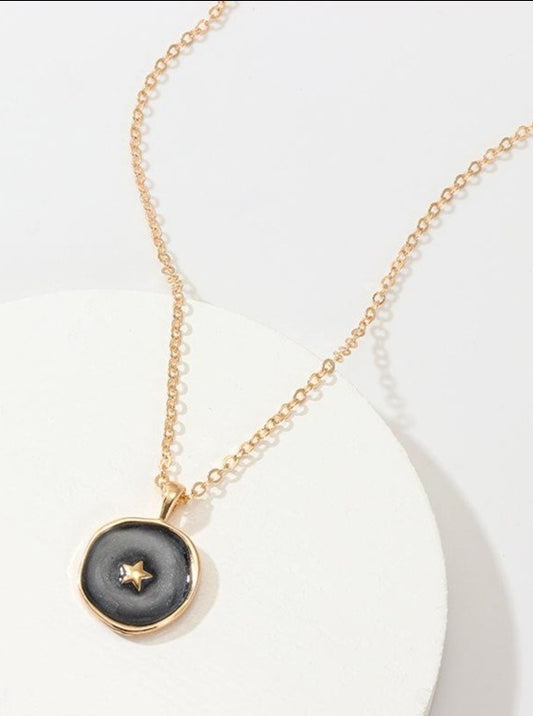 Black Star Enamel Coin Necklace