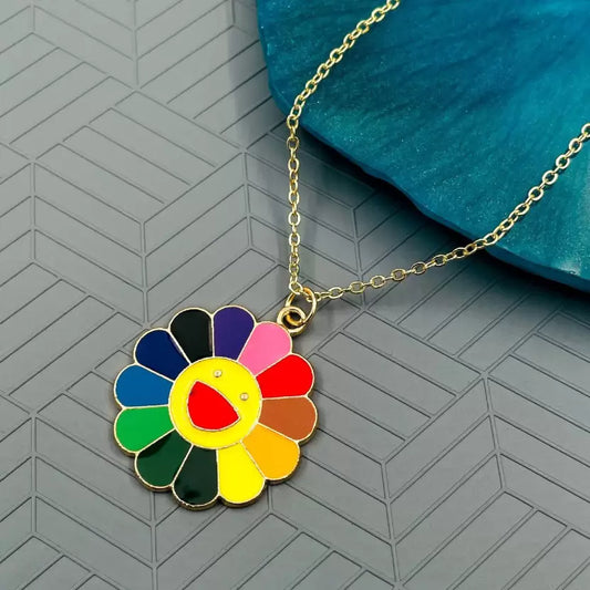 Big Smiley Flower Enamel Pendant Necklace For Women